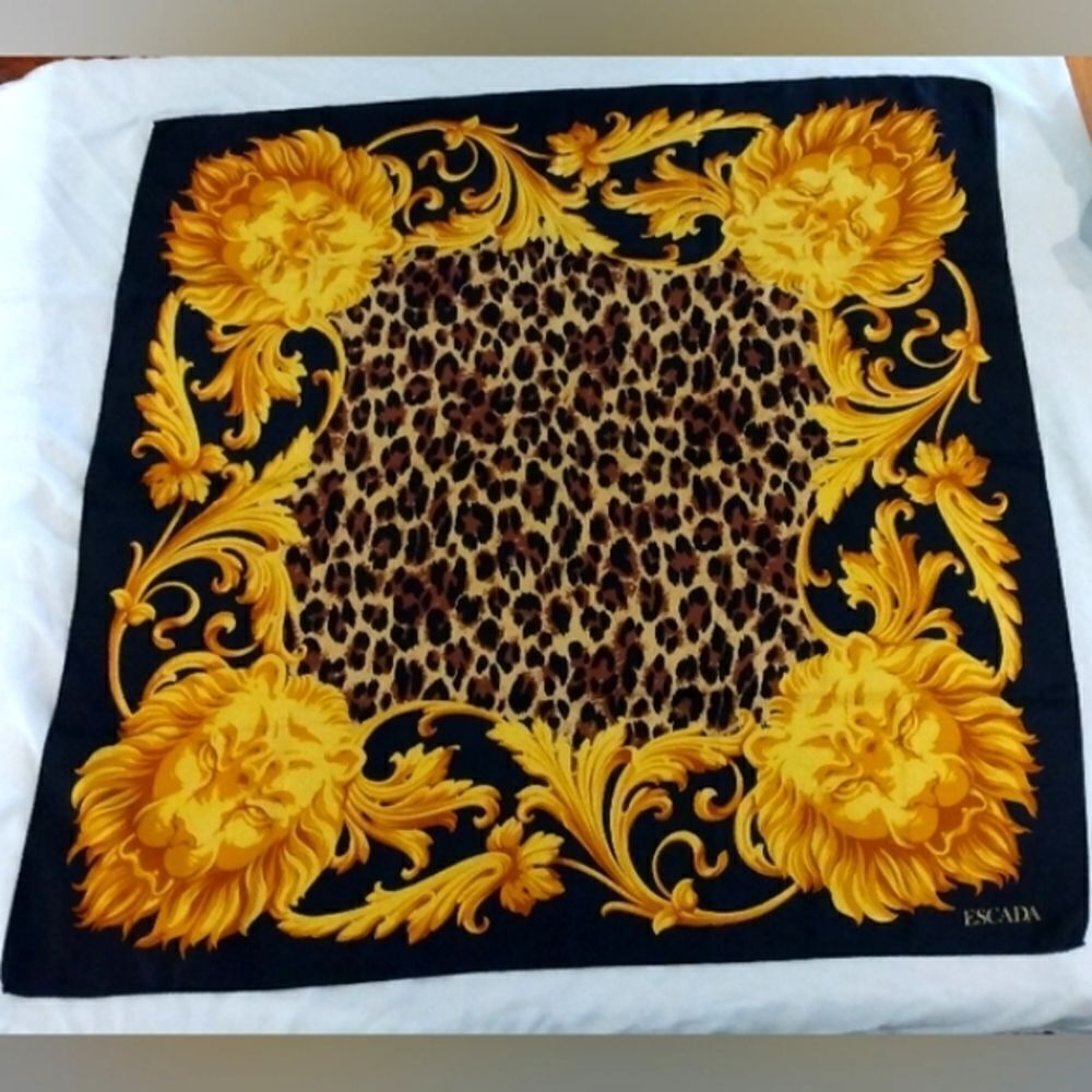 Escada Animal Print Cheetah Lion Vintage Silk Scarf Foulard